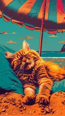 Persian cat napping under a beach umbrella, avoiding the sun - obrazy, fototapety, plakaty