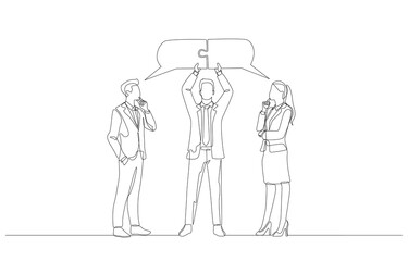 Continuous one line drawing of businessman connecting bubble thoughts of coworkers, business mediation, conciliator of opinions in work concept, single line art. - obrazy, fototapety, plakaty