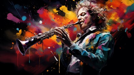 Abstract and colorful illustration of a man playing clarinet on a black background - obrazy, fototapety, plakaty