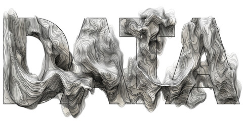 The word data written in topographic lines, science analytics map contour topographic map lettering isolated on transparent background