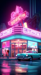 Retro diner, neon pink and turquoise lighting, sharp focus, side angle view