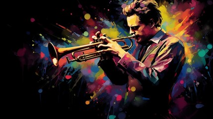Abstract and colorful illustration of a man playing trumpet on a black background