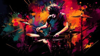Abstract and colorful illustration of a man playing drums on a black background