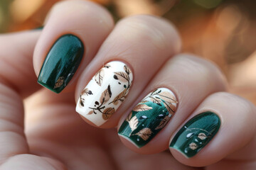Autumn inspired green and white nail design with brown autumn leaves on green and white background for fall season