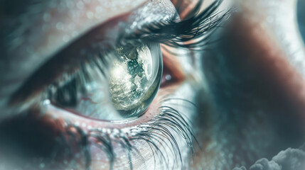 Person dreaming of the Moon and space conquest with a closeup of an eye with the Moon reflected in it
