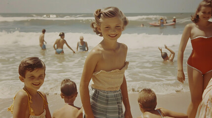 Vintage retro photography of an american family at the beach in the fifties , 1950s summer holiday historical image