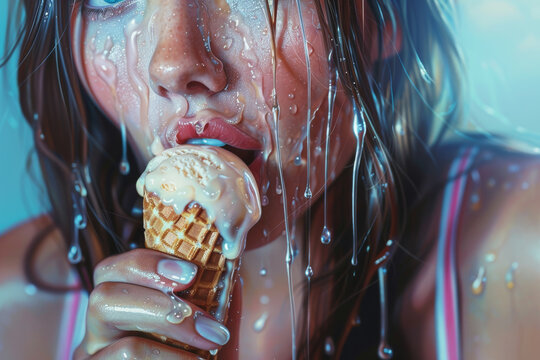 Young sexy woman licking an ice cream cone in a suggestive way
