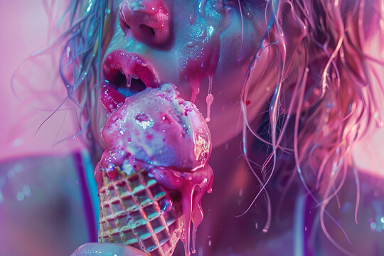 Young sexy woman licking an ice cream cone in a suggestive way