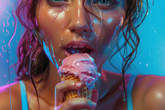 Young sexy woman licking an ice cream cone in a suggestive way