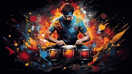 Abstract and colorful illustration of a man playing bongos on a black background