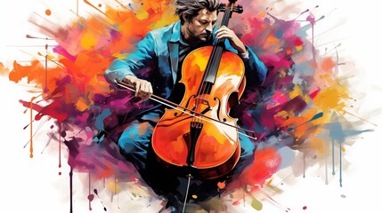 Abstract and colorful illustration of a man playing cello on a white background - obrazy, fototapety, plakaty