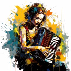 Abstract and colorful illustration of a woman playing accordion on a white background - obrazy, fototapety, plakaty
