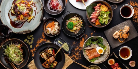 Overhead view of a table full of traditional Japanese food dishes