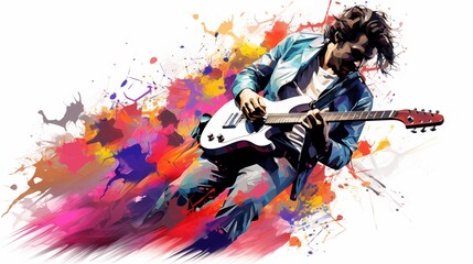 Abstract and colorful illustration of a man playing electric guitar on a white background - obrazy, fototapety, plakaty