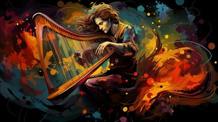 Abstract and colorful illustration of a man playing harp on a black background