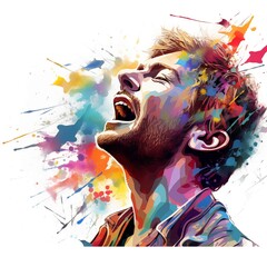 Abstract and colorful illustration of a man singing on a white background