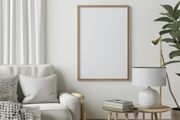 Scandinavian style living room with poster mockup created with generative ai