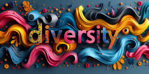 The word diversity in colorful vibrant swirls lettering, dynamic celebration of diverse people typography font letters
