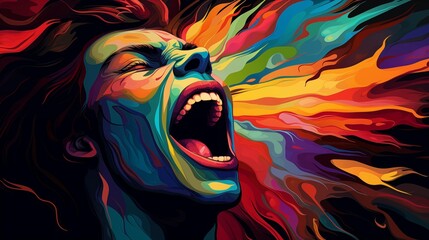 Abstract and colorful illustration of a man singing on a black background