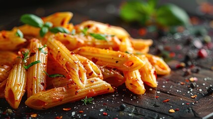 Penne pasta in tomato sauce with chicken, tomatoes decorated with parsley, Close up. Generative Ai. 
