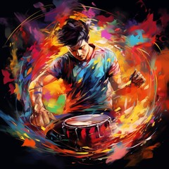 Abstract and colorful illustration of a man playing bongo on a black background