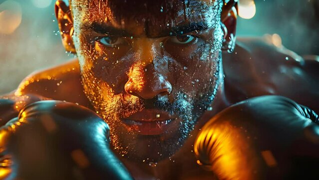 Intense Boxer in Focus: Athletic Spirit Unleashed. Concept Athletic Portrait, Boxing Inspiration, Dynamic Movement, Strength and Determination, Sports Photography