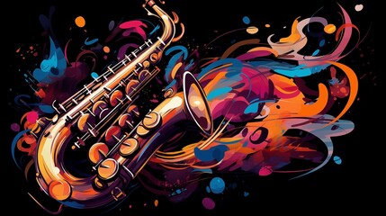 Abstract and colorful illustration of a saxophone on a black background