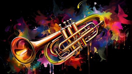 Abstract and colorful illustration of a trumpet on a black background - obrazy, fototapety, plakaty