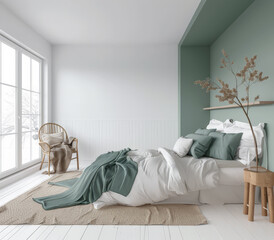 Serene bedroom with chic decor and cozy ambiance.Interiors composition in neutral tones.
