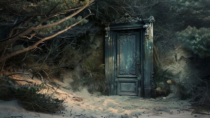 Fototapeta na wymiar Old, ornate door on the beach, sand at its threshold, opening to a deep, enchanting forest, twilight filtering through