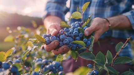 Harvesting ripe blueberries at an agricultural location.