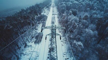 Electricity is carried by overhead pylons and power lines, creating a strong energy infrastructure seen from above on a winter night.
