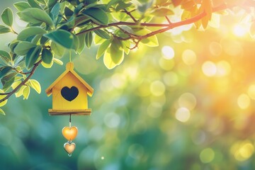 a yellow birdhouse hanging from a tree branch, with a heart-shaped entrance - obrazy, fototapety, plakaty