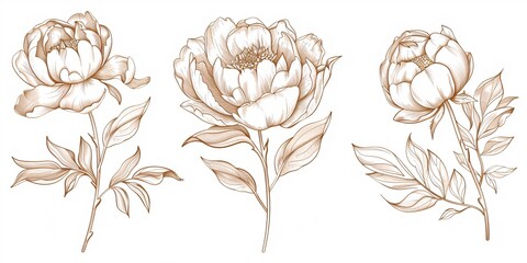 A collection of high-end peony blooms and emblem. Stylish plant designs. Hand-drawn foliage and blossoms. Sophisticated wildflowers for event invites and announcements. Fashionable foliage.