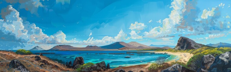 A painting of a beach with a rocky shoreline and a blue ocean - Powered by Adobe