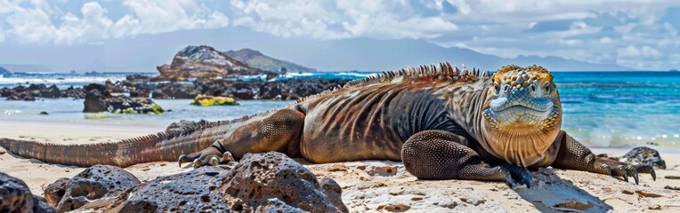 A lizard is laying on the beach next to a rocky shore - Powered by Adobe