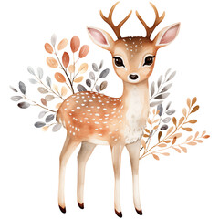 Watercolor beige floral baby deer woodland illustration