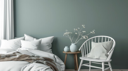 Serene bedroom with chic decor and cozy ambiance.Interiors composition in neutral tones.