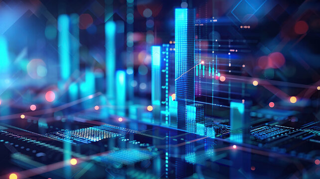 Perspective view of stock market growth, business investing and data concept with digital financial chart graphs, diagrams and indicators on dark blue blurry background