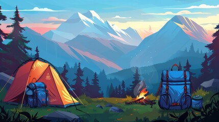 A mountain scene with a blue backpack and a red tent