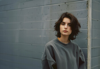 肩までの長さの髪の若い女性が、灰色のコンクリート壁を背に、落ち着いた色調の特大のスウェットシャツを着て立っている。最小限の化粧をして、カメラをまっすぐに見つめている。 