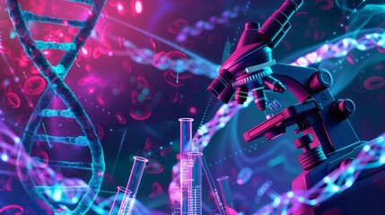 A colorful image of a microscope with a DNA strand in the foreground