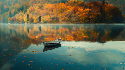 rowboat drifting lazily on a calm lake, surrounded by reflections of autumn foliage