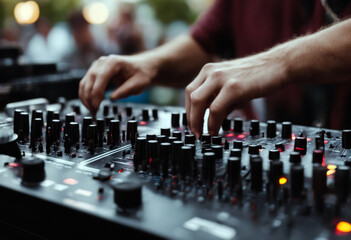 concert mixer music regulating console outdoor dj Hands creating hand deck dance club audio background bar board booth buttons closeup clubbing control controller deejay disc