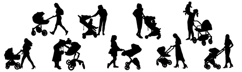 A set of silhouette illustrations of a mother with stroller baby for mother's day of vector