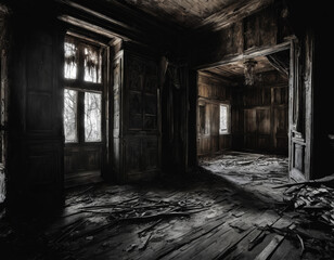 Fototapeta na wymiar Inside an old scary gloomy abandoned house.