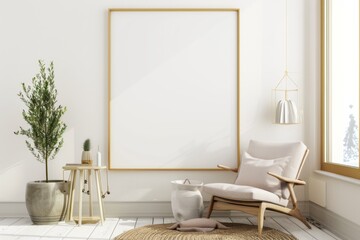 Scandinavian style living room with poster mockup created with generative ai