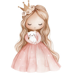 Little princess with gold crown and white cat, watercolor illustration