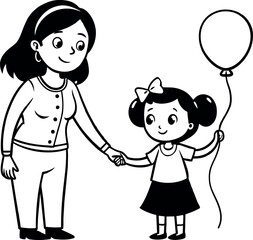 coloring page of a mother and girl holding hands with a balloon