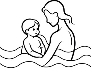 line drawing of a mother and child in the water, minimalist line art, one line art, minimalist line drawing